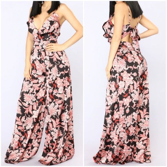 Fashion Nova Pants - Fashion Nova Crystal Cove Floral Jumpsuit Medium Pink and Black